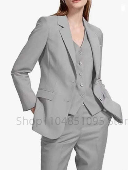 Office Ladies Pantsuits Solid Women Business Classic Single Breasted Flared Pants Blazer Vest Pants Three Piece Set Formal Suit
