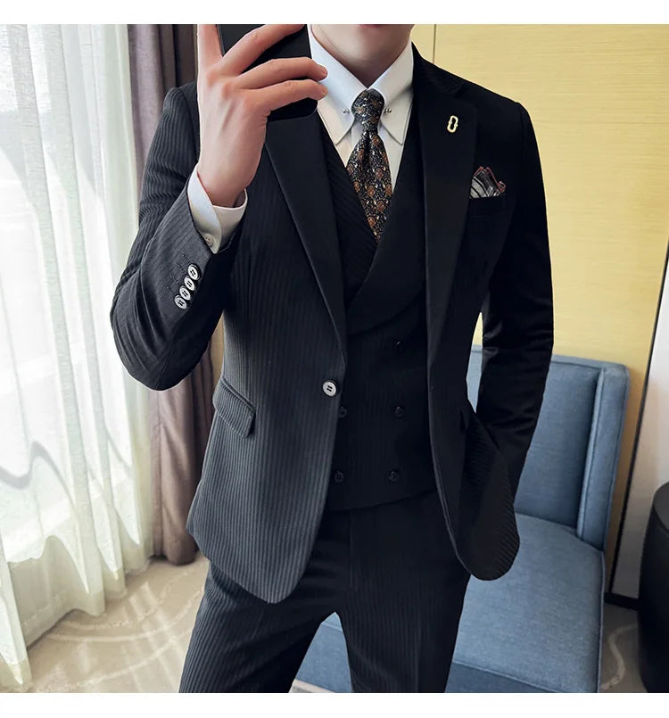 (Jackets+Pants+Vest) Luxury Stripe Men Suit Korean Version Fashion Elegant Slim Fit Tuxedo Formal Groom Wedding Social Suits
