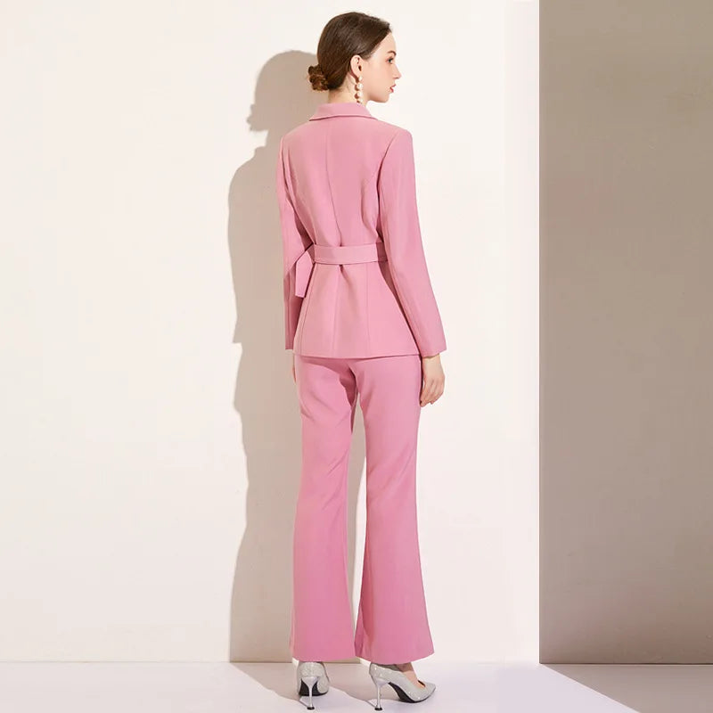 High Quality Women Belt Business Attire blazers Trousers Suits Set 2 Piece Elegant Slim Fit Pink Formal Office Lady Blazer Suits