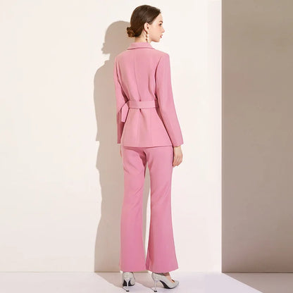 High Quality Women Belt Business Attire blazers Trousers Suits Set 2 Piece Elegant Slim Fit Pink Formal Office Lady Blazer Suits