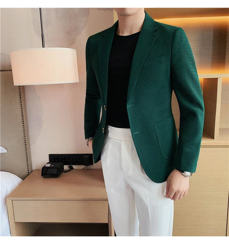 2025 Spring New Waffle Suit Coats Men Slim Fit Business Casual Blazer Jacket Homme Formal Groom Prom Wedding Tuxedo 4XL-M