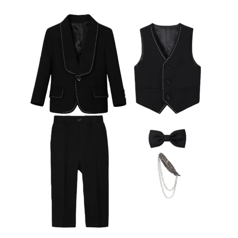 Children's Beige Blazer Set Kids Formal Wedding Birthday Party Suit Set Boys Jacket Vest Pants Bowtie Brooch 5Pieces Clothes Set