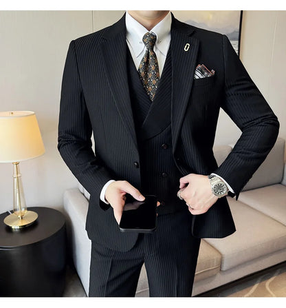 (Jackets+Pants+Vest) Luxury Stripe Men Suit Korean Version Fashion Elegant Slim Fit Tuxedo Formal Groom Wedding Social Suits