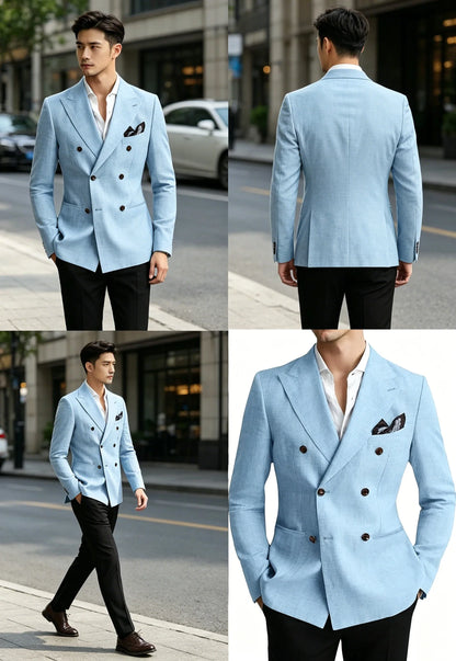 Men’s Linen Blend Suit Blazer Double Breasted Casual Peak Lapel British Style Jacket  Soft Breathable Men Suit For Summer Beach