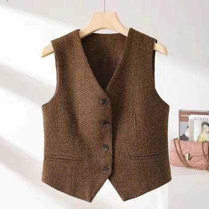 Vintage V-neck Casual Vest Jacket Women British Style  Loose Sleeveless Waistcoat 2025 New Spring Summer Buttons Ladies Outwear
