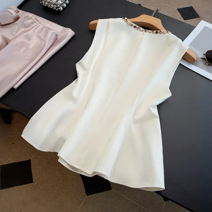 、2026 Summer New Top Women's Commuting Simple Solid Slim Short Sleeveless Shirt Round Neck Shirt Women Black Zipper Blazer Vests