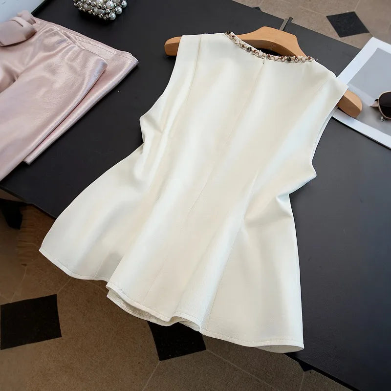 2026 Summer New Top Women's Commuting Simple Solid Slim Short Sleeveless Suits Coat Round Neck Shirt Women Zipper Blazer Vests
