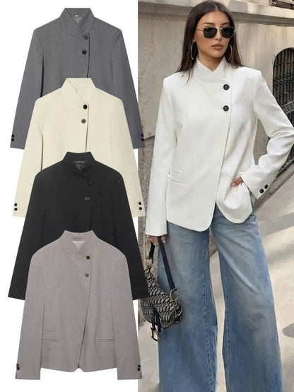 Elegant Women Solid Blazer Coat Spring Autumn Turtleneck Long Sleeve Single Breasted Straight Blazer Female Chic Suit Jacket