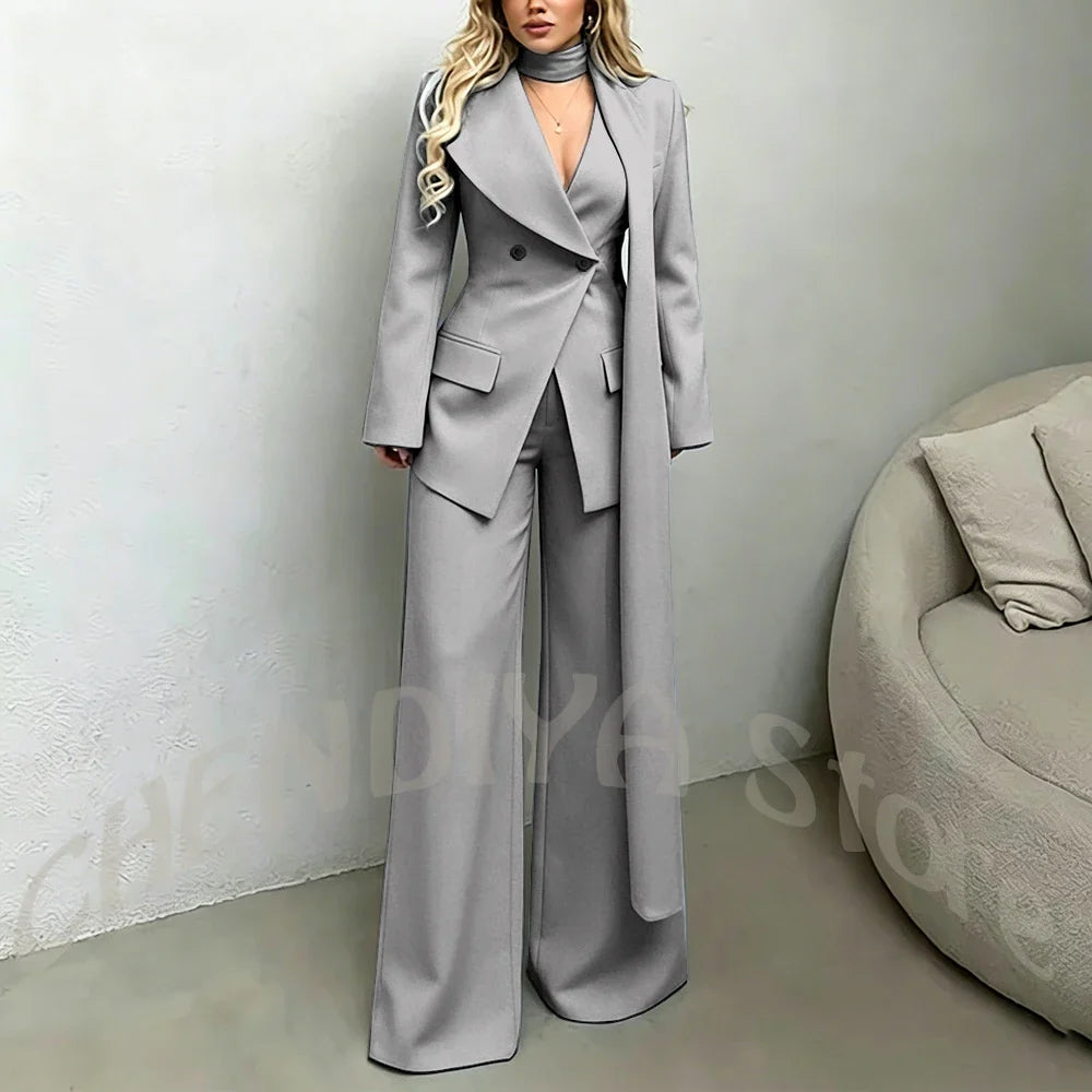 Classic Black Women Suit Set Double Breasted Asymmetrical Blazer Pants with Muffler Formal Office Elegant Two Piece Outfit