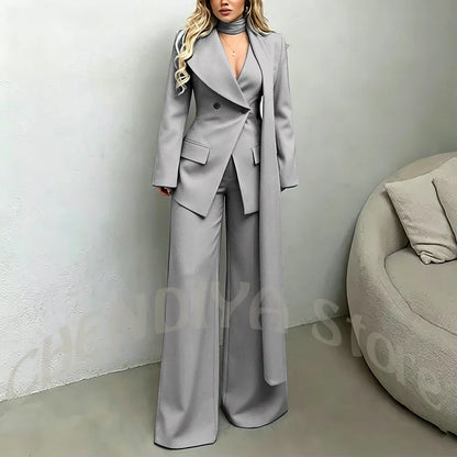 Classic Black Women Suit Set Double Breasted Asymmetrical Blazer Pants with Muffler Formal Office Elegant Two Piece Outfit