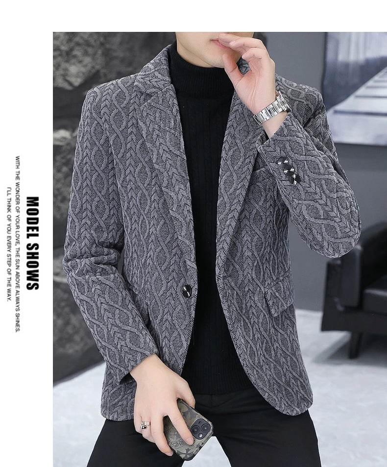 Blazer Autumn/Winter Golden Sable Velvet and Cotton Thickened Thermal Small Suit Fashion Business Men's Slim Blazer