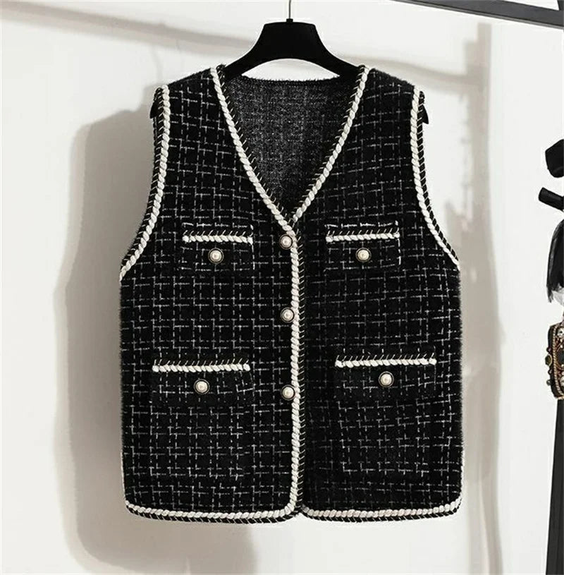 Women V-neck Tweed Sleeveless Vest Female Splicing Together Waistcoat Top Autumn Lady Lmitation Mink Fur Vest Jacket