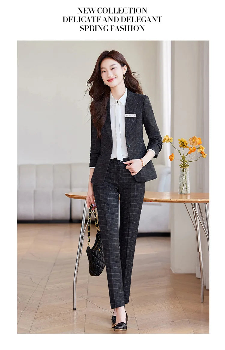 2024 Spring Autumn New Retro Plaid Elegant Blazer Coat And High Waist Pencil Pant Two Piece Set Women's Suit Business Clothing