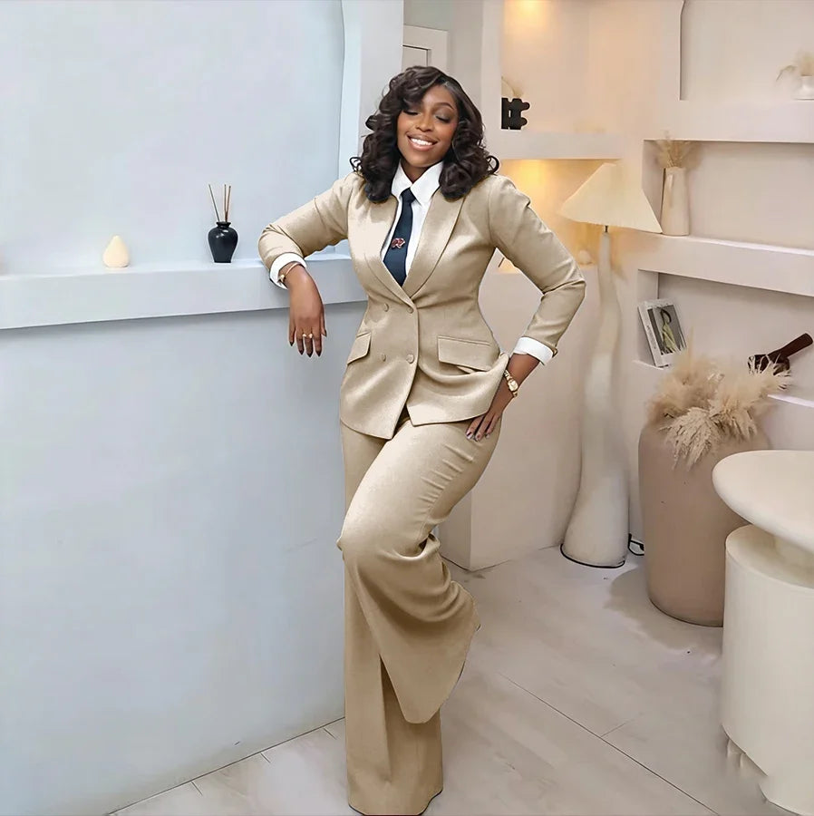 Classic Professional Burgundy Double Breasted Women's Suit Office Formal 2 Piece Jacket Pants Set Casual Daily Streetwear