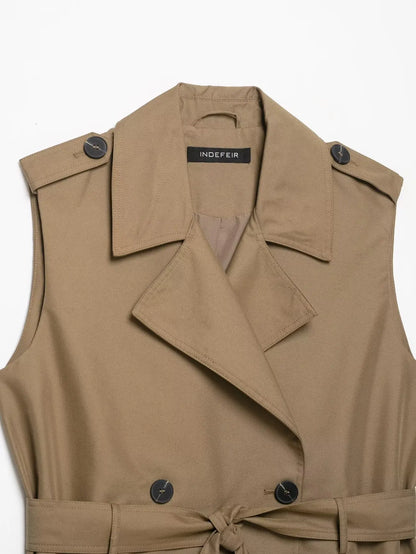 New Slim Fit Cropped Sleeveless Trench Vest Women Khaki Lapel Double Breasted Self Tie Belt Waist Cinching Street Outer Top