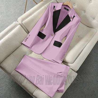 New Unique Women Pant Suit Contrast Color Modern Outfit One-Button Peaked Lapel Casual Fashion Daily Female Clothes Set 2 Piece