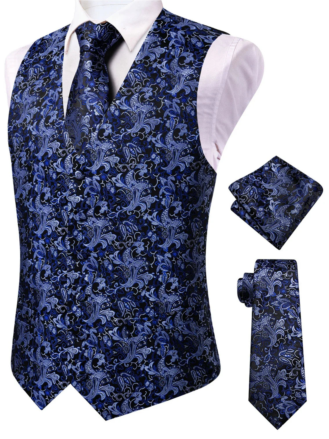 Men's Waistcoat Set Jacquard Floral Black Yellow Formal Wedding Tuxedo