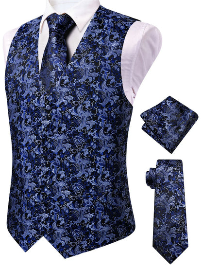 Men's Waistcoat Set Jacquard Floral Black Yellow Formal Wedding Tuxedo