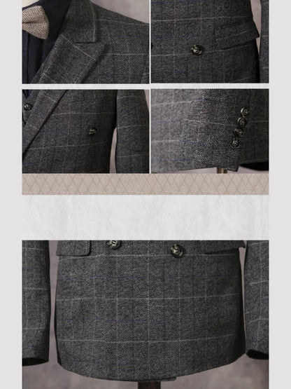 Retro British Style Double Breasted Suit Jacket Men's Checkered Business Formal Suit Wedding Professional Suit