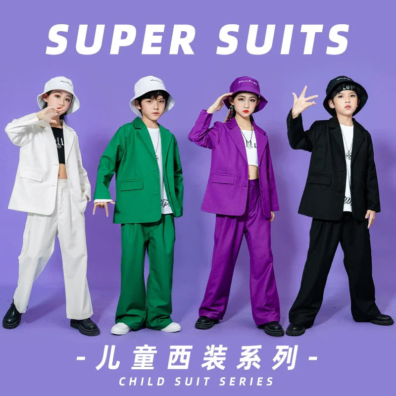 Hip Hop Boys Solid Suit Jacket Outfits Girls Loose Blazer Street Dance Pants Clothes Sets Children Streetwear Kids Jazz Costumes