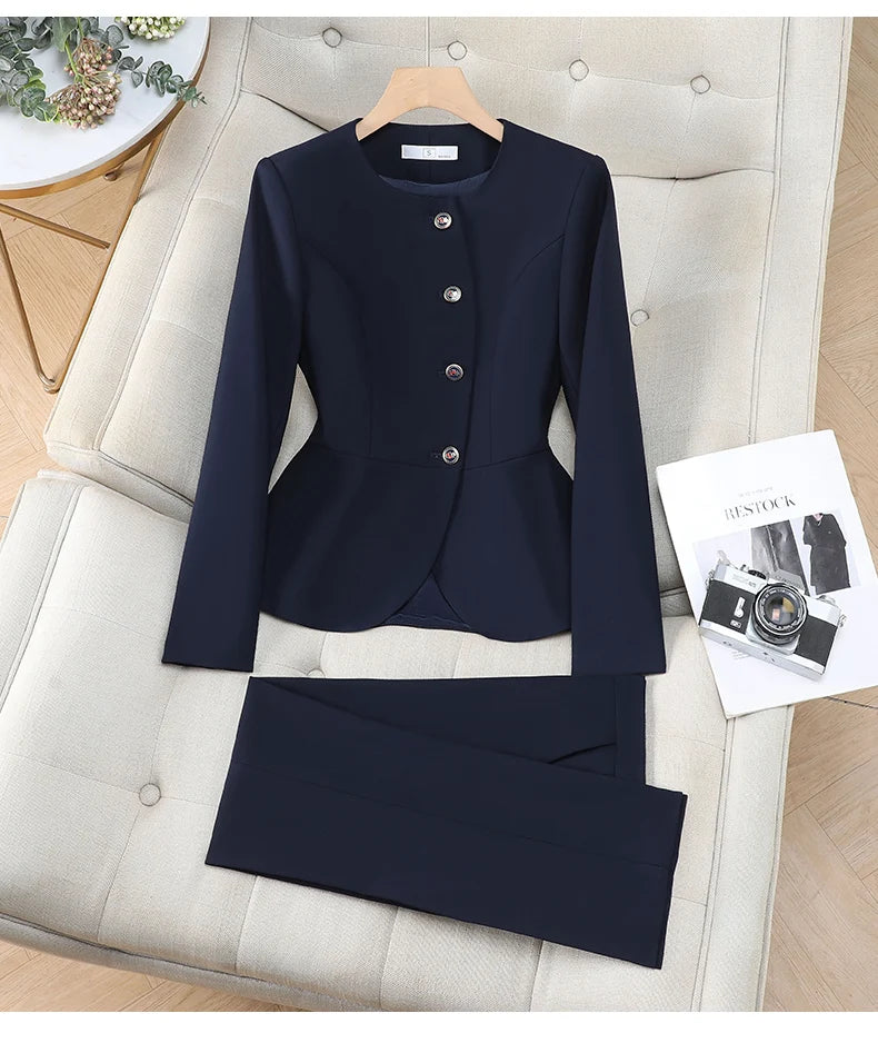 Elegant Ladies Autumn Trousers Suit Women Long Sleeve Blazer and Pants 2 Piece Matching Sets Work Wear Office Formal Outfit
