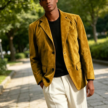 Men's Faux Suede Blazer – Retro Notched Lapel Single-Breasted Jacket for Wedding, Business & Daily Wear