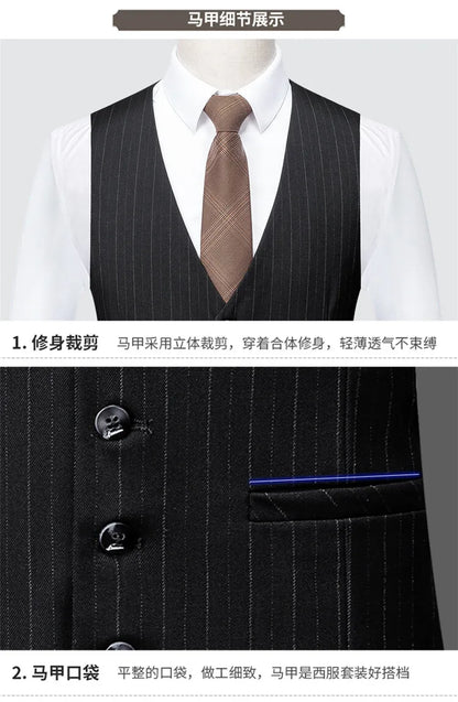 Men's High-End Three-Piece Suit Set Korean Style Slim-Fitting Business Casual Jacket Groom's Fashionable Wedding Party Wear