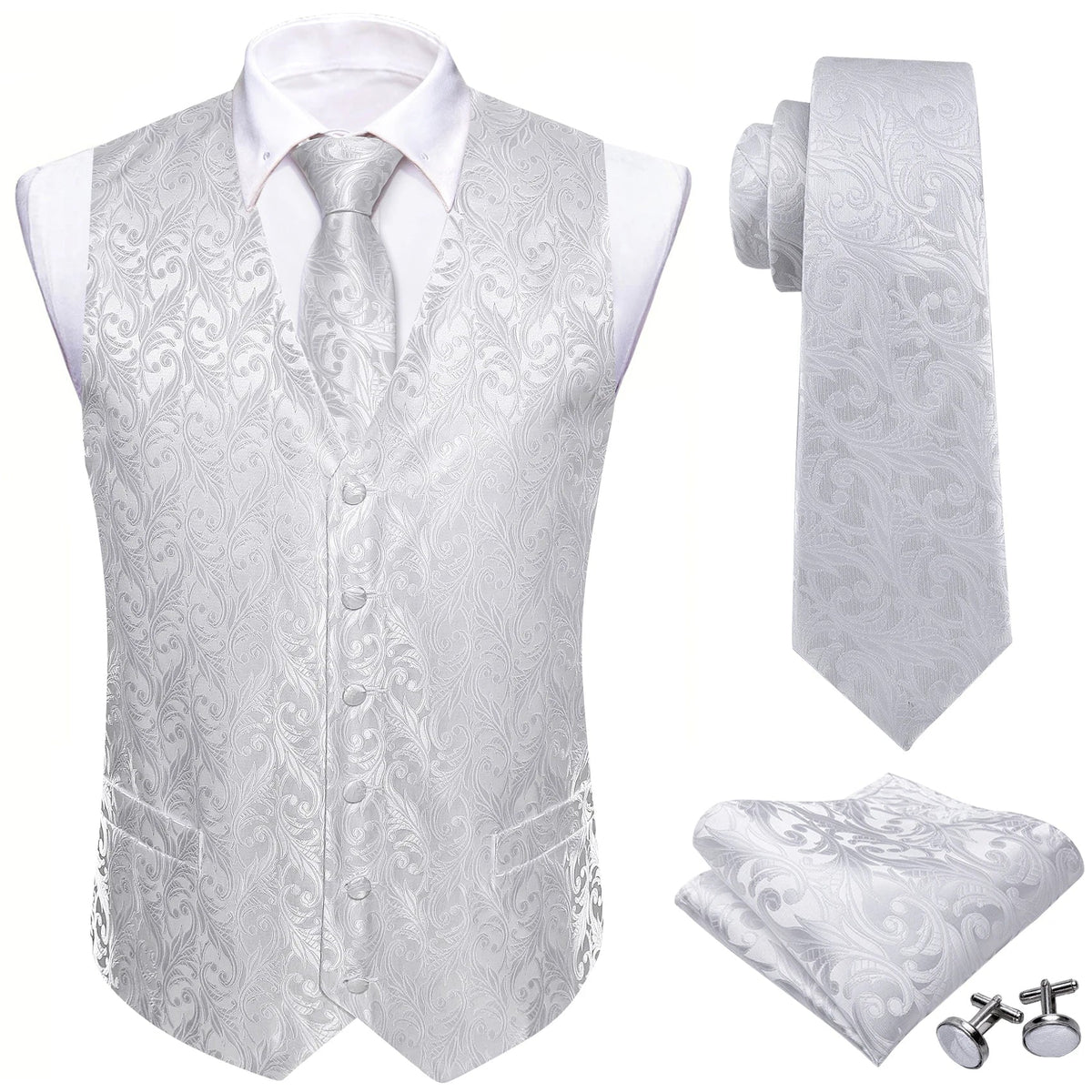 Men's Formal Vest Tie Set 4-Piece Paisley Jacquard Waistcoat for Men Wedding Business