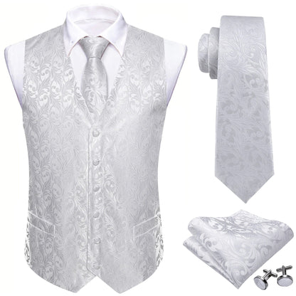 Men's Formal Vest Tie Set 4-Piece Paisley Jacquard Waistcoat for Men Wedding Business