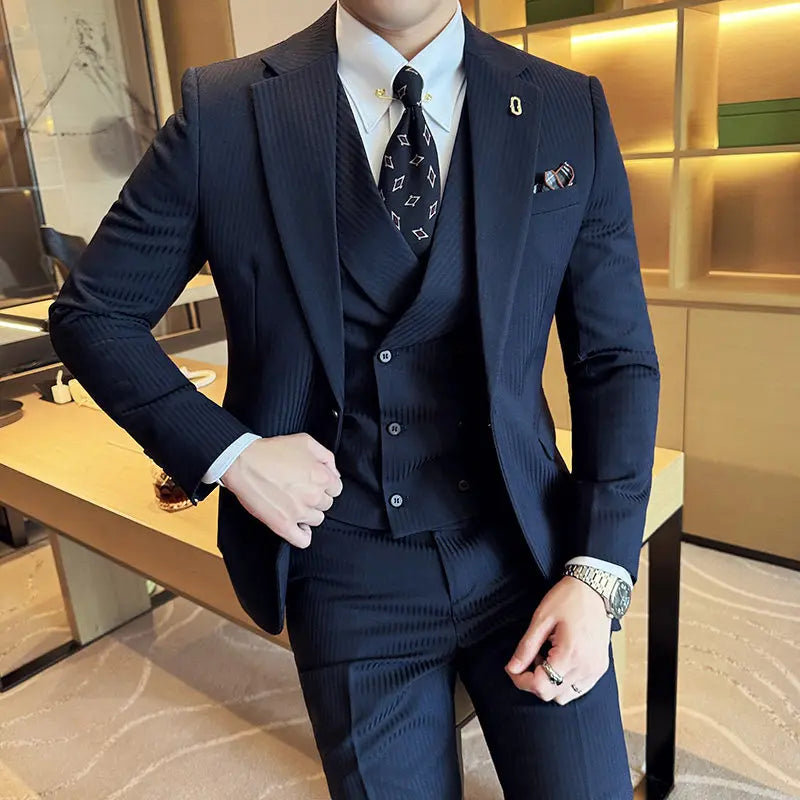 Men's Slim Fit 2-Piece Suit – Striped Single-Breasted Blazer and Trousers for Wedding, Business & Formal Wear