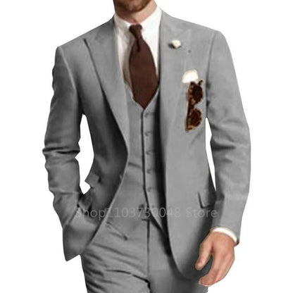 Elegant Gray Men Wedding Party Three Pieces Set Large Size Male Blazer Vest Pant and Vest Fashion Slim Fit Suit