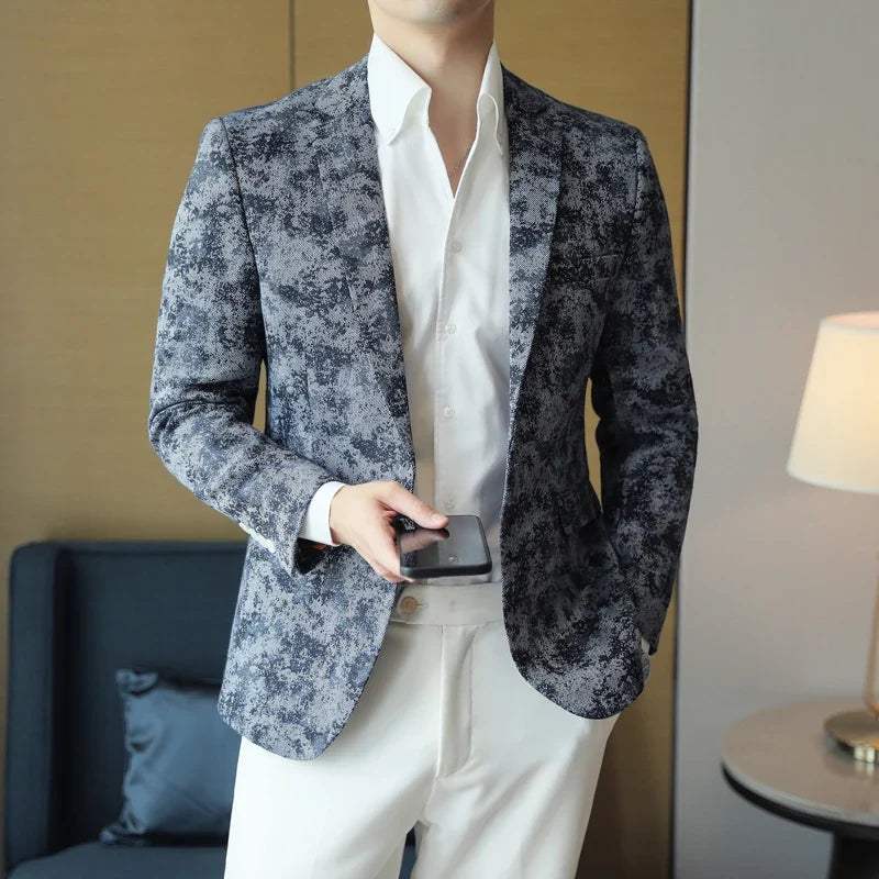 2026 Spring Denim Blue Men's Casual Suit Jacket Korean Slim Blazers Tie-dyed Business Social Jacket Banquet Party Dress Coats