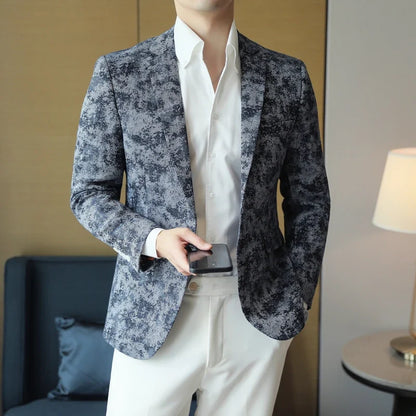 2026 Spring Denim Blue Men's Casual Suit Jacket Korean Slim Blazers Tie-dyed Business Social Jacket Banquet Party Dress Coats