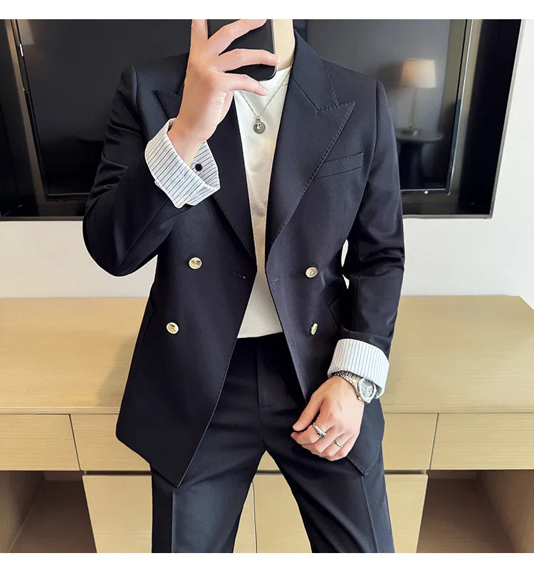 Korean Style Double Breasted Suit Jacket for Men Fashion Casual Business Suit Jackets Office Social Banquet Blazer Masculino