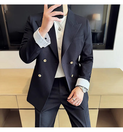 Korean Style Double Breasted Suit Jacket for Men Fashion Casual Business Suit Jackets Office Social Banquet Blazer Masculino