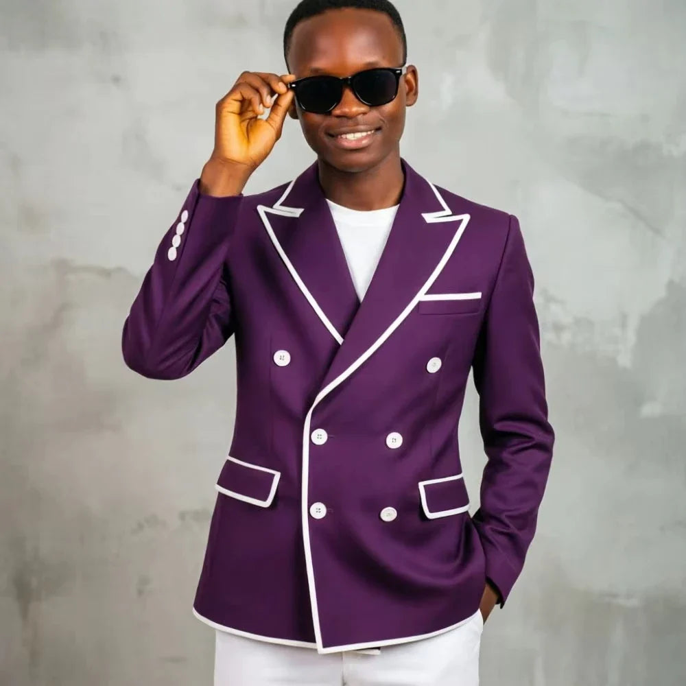 Men Navy Blue Double Breasted 1 Piece Jacket Slim Fit Wedding White Contrast Trim Peak Lapel Formal Groom Prom Office Business