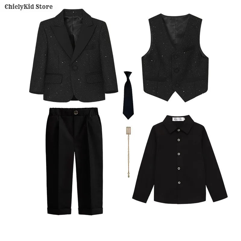 High Quality Boys Shiny Wedding Suits Kids Morning Coat Formal Dress Child Tuxedos Blazer Clothes Sets Toddler School Uniforms