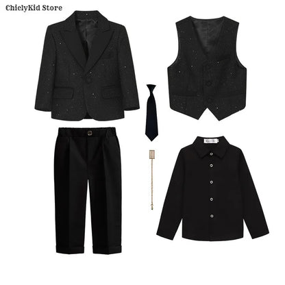 High Quality Boys Shiny Wedding Suits Kids Morning Coat Formal Dress Child Tuxedos Blazer Clothes Sets Toddler School Uniforms