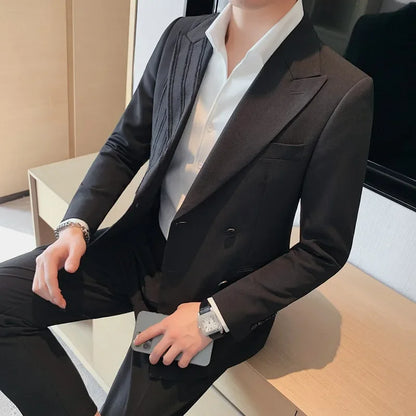 Autumn Stripe Stitching Blazers Men Double-breasted Casual Suit Jacket High-quality Male Business Social Wedding Dress Coat 2025