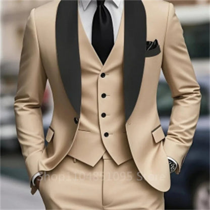 Classic Fitted Men's 3-Pieces Tuxedo Smoking Suit with Unique Lapel Single Breasted Blazer Vest Pant Set