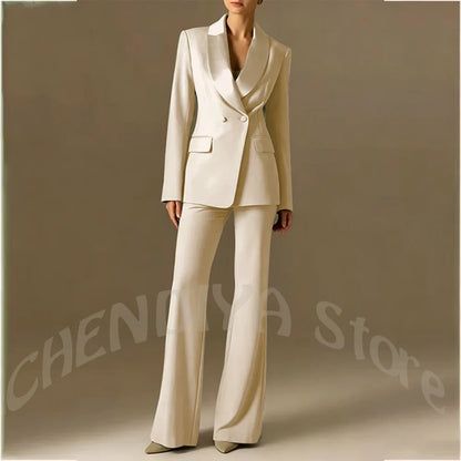 Classic Shawl Lapel Suit For Women Elegant Double Breasted Outfit Solid Color Two Piece Straight Modern Style Office Wear