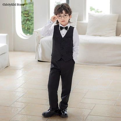 High Quality Boys Shiny Wedding Suits Kids Morning Coat Formal Dress Child Tuxedos Blazer Clothes Sets Toddler School Uniforms
