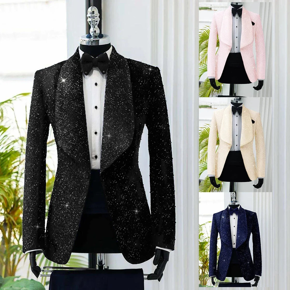 Men's Suit 2 Pieces Velvet Blazer Black Pants One Button Wide Lapel Business Beads Formal Work Wear Wedding Groom Costume Homme
