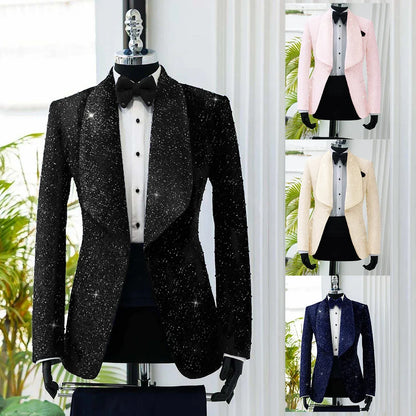 Men's Suit 2 Pieces Velvet Blazer Black Pants One Button Wide Lapel Business Beads Formal Work Wear Wedding Groom Costume Homme