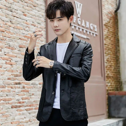 Men's Faux Leather Blazer Jacket Autumn Winter Warm Fleece Lined Casual Versatile Outerwear