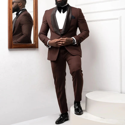 Men Suit Coffee 3 Pieces With Bright Black Lapel For Wedding Birthday Party Banquet Business Work Set Jacket Verst With Pants
