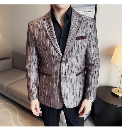 Korean Trend 3D Pleated Suit Jacket for Men Wedding Groom Business Dress Jacket Casual Banquet Party Host Blazer Masculino
