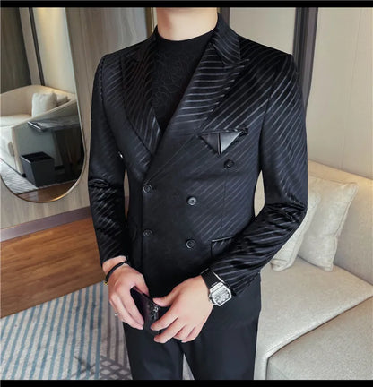 British Style Double Breasted Suit Jacket Men Striped Casual Business Blazers High Quality Wedding Social Banquet Dress Coats