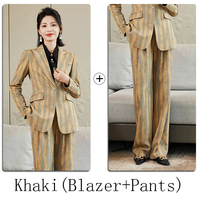 Fashion Autumn Winter Ladies Pant Suit Women Striped Female Business Work Wear Jacket Blazer and Trouser Formal 2 Piece Set