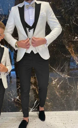 Groom White Floral Men Suits Tuxedo Slim Fit Wedding Suits Groom Full Wedding Gentleman Costume 3 Pieces (Jacket+Vest+Pants)